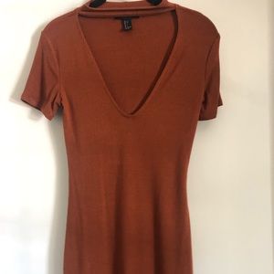 Brown v neck mini dress